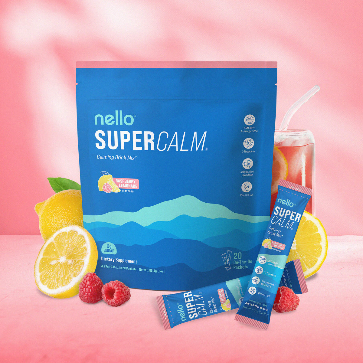 SUPERCALM Powdered Drink Mix | Raspberry Lemonade, L Theanine, Ksm-66 Ashwagandha, Magnesium Glycinate, Vitamin D 3, Supplements for Relaxation & Focus, No Sugar, Non GMO, On The Go, 20 Ct