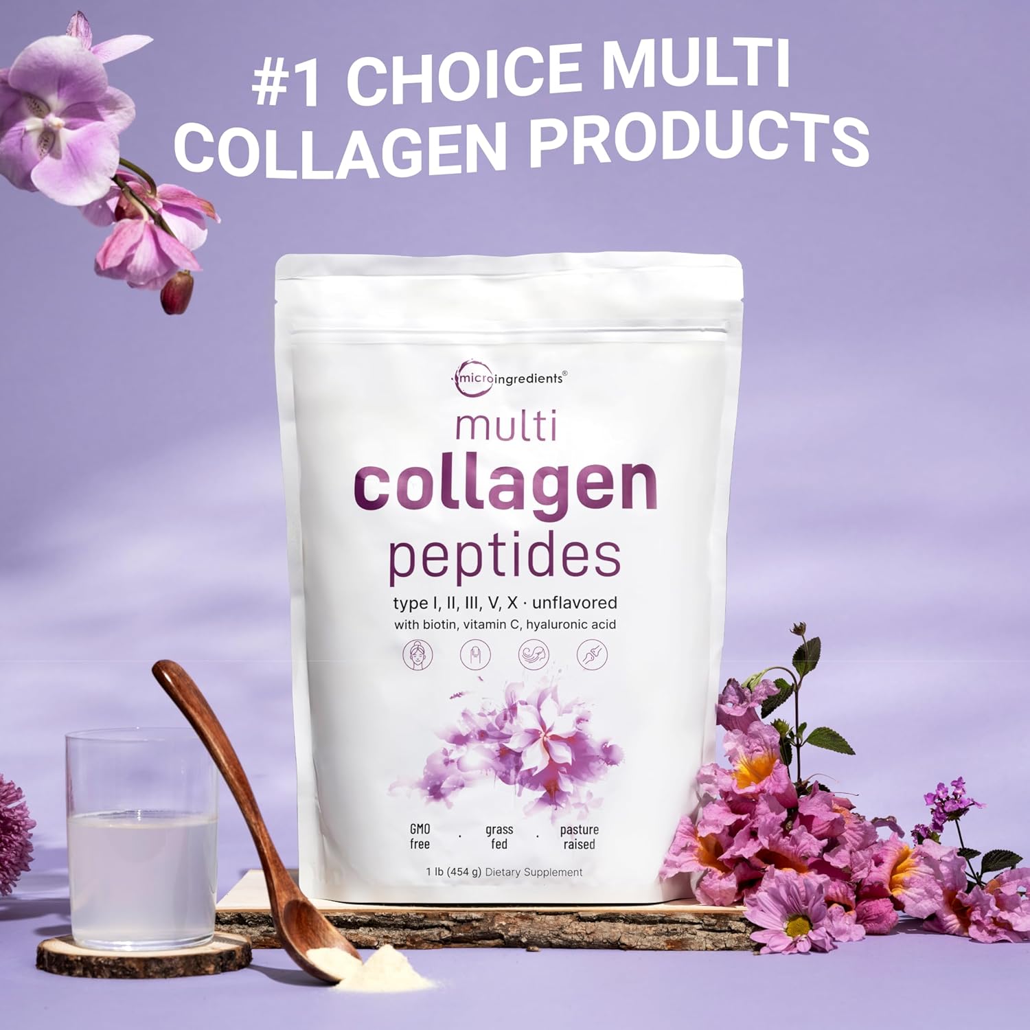 Ingredients Multi Collagen Peptides Powder - Hydrolyzed Protein Peptides (Type I,II,III,V,X) with Hyaluronic Acid, Biotin & Vitamin C Unflavored
