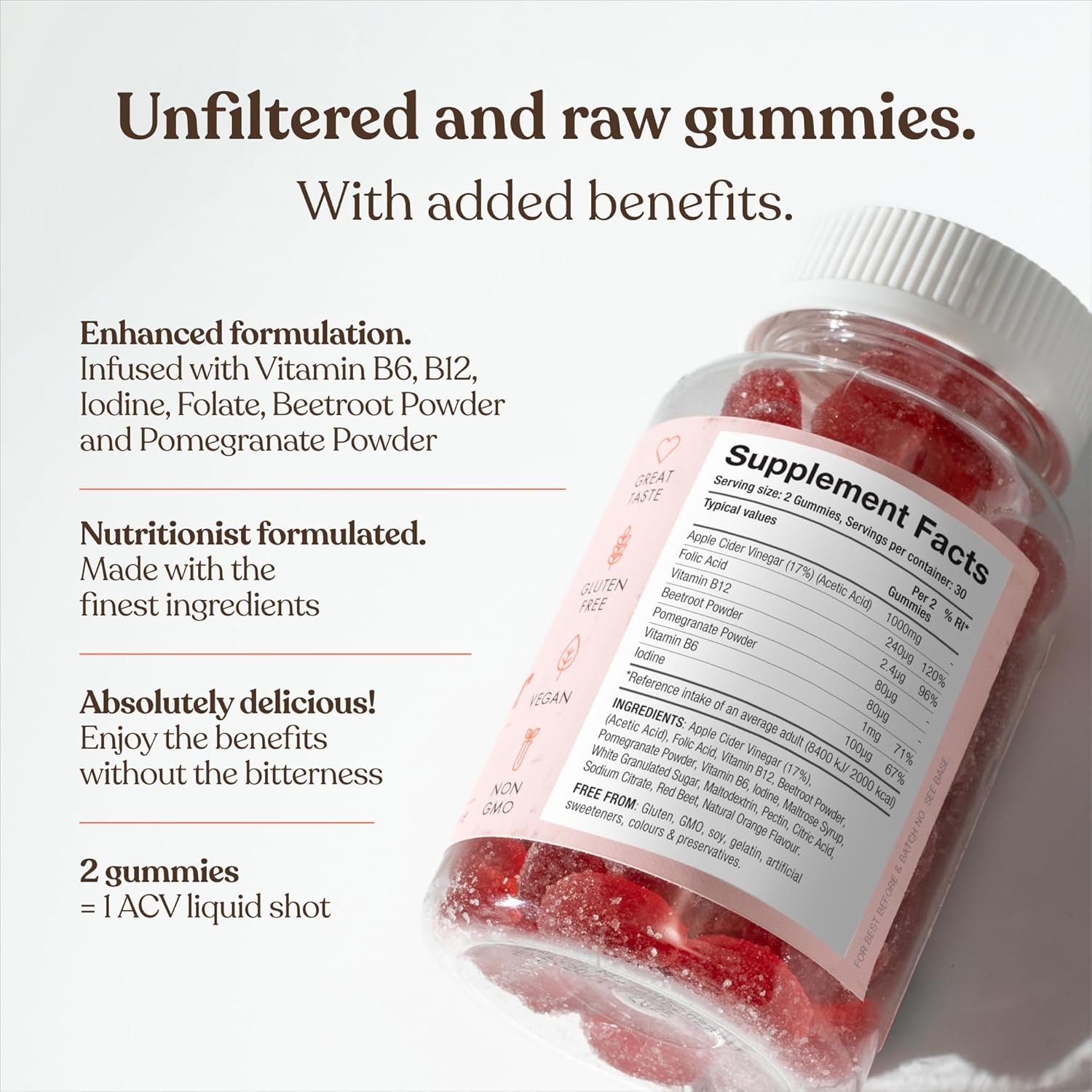 Enhanced with Vitamin B12 & Folic Acid | 60 Vegan ACV Capsules with Pomegranate & Beetroot Powder | Natural Ingredients by Free Soul
