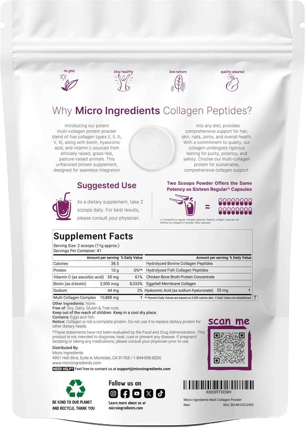 Ingredients Multi Collagen Peptides Powder - Hydrolyzed Protein Peptides (Type I,II,III,V,X) with Hyaluronic Acid, Biotin & Vitamin C Unflavored