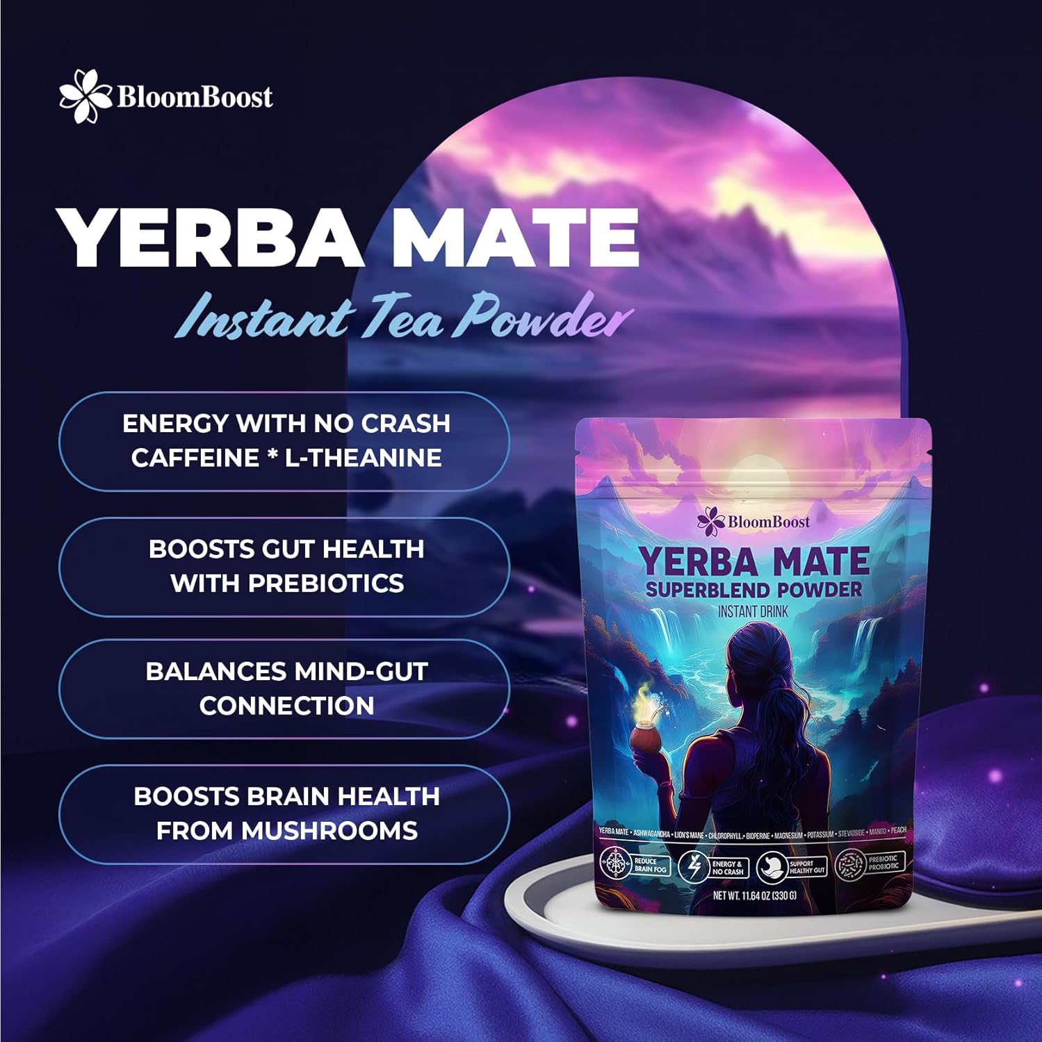 Yerba Mate Instant Tea Powder | Yerba Mate, Ashwagandha, Lion’s Mane, Chlorophyll, Peach Mango Flavor – 11.6 oz (30 Servings) – Sugar-Free, Gluten-Free, Superfood Energy & Focus Blend
