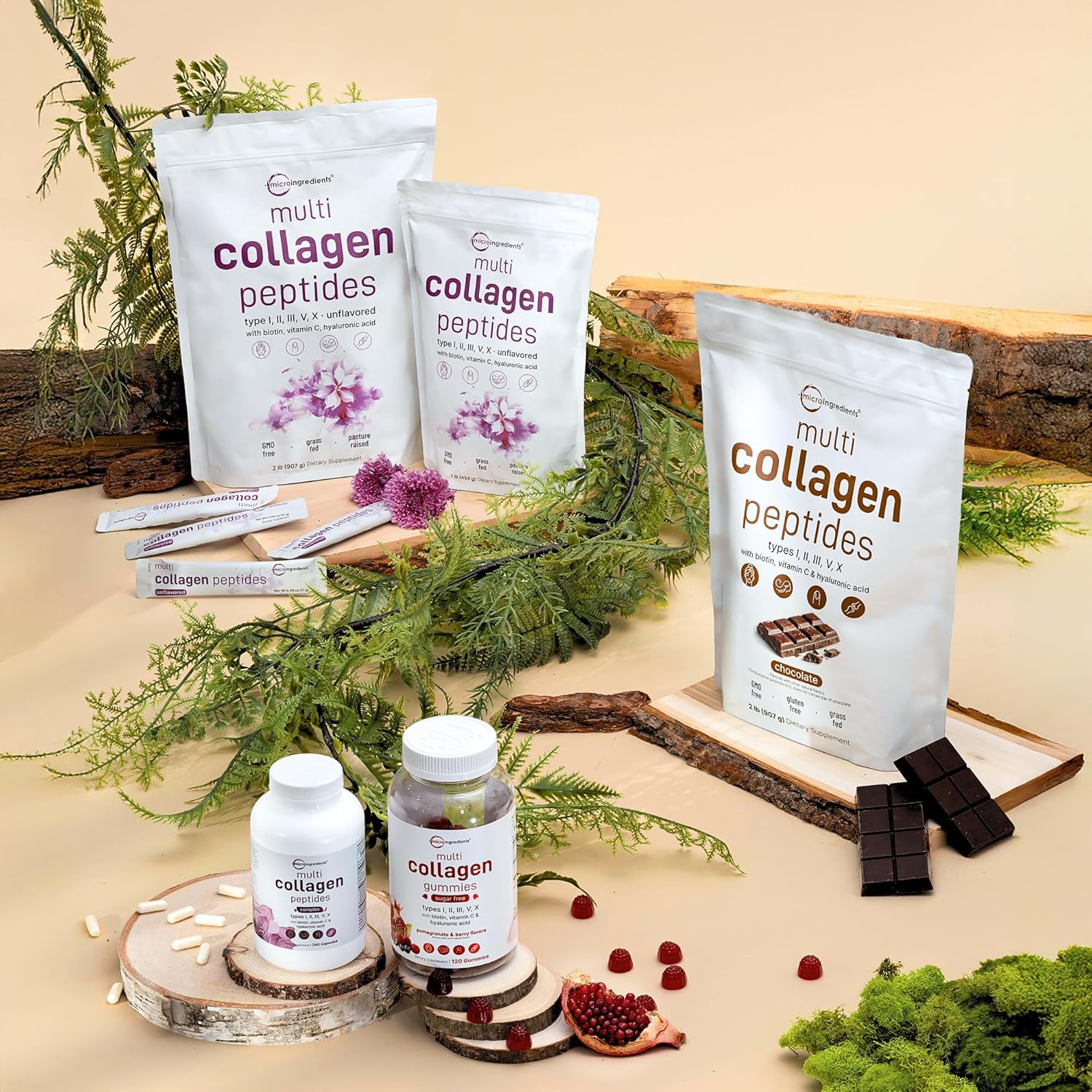 Ingredients Multi Collagen Peptides Powder - Hydrolyzed Protein Peptides (Type I,II,III,V,X) with Hyaluronic Acid, Biotin & Vitamin C Unflavored