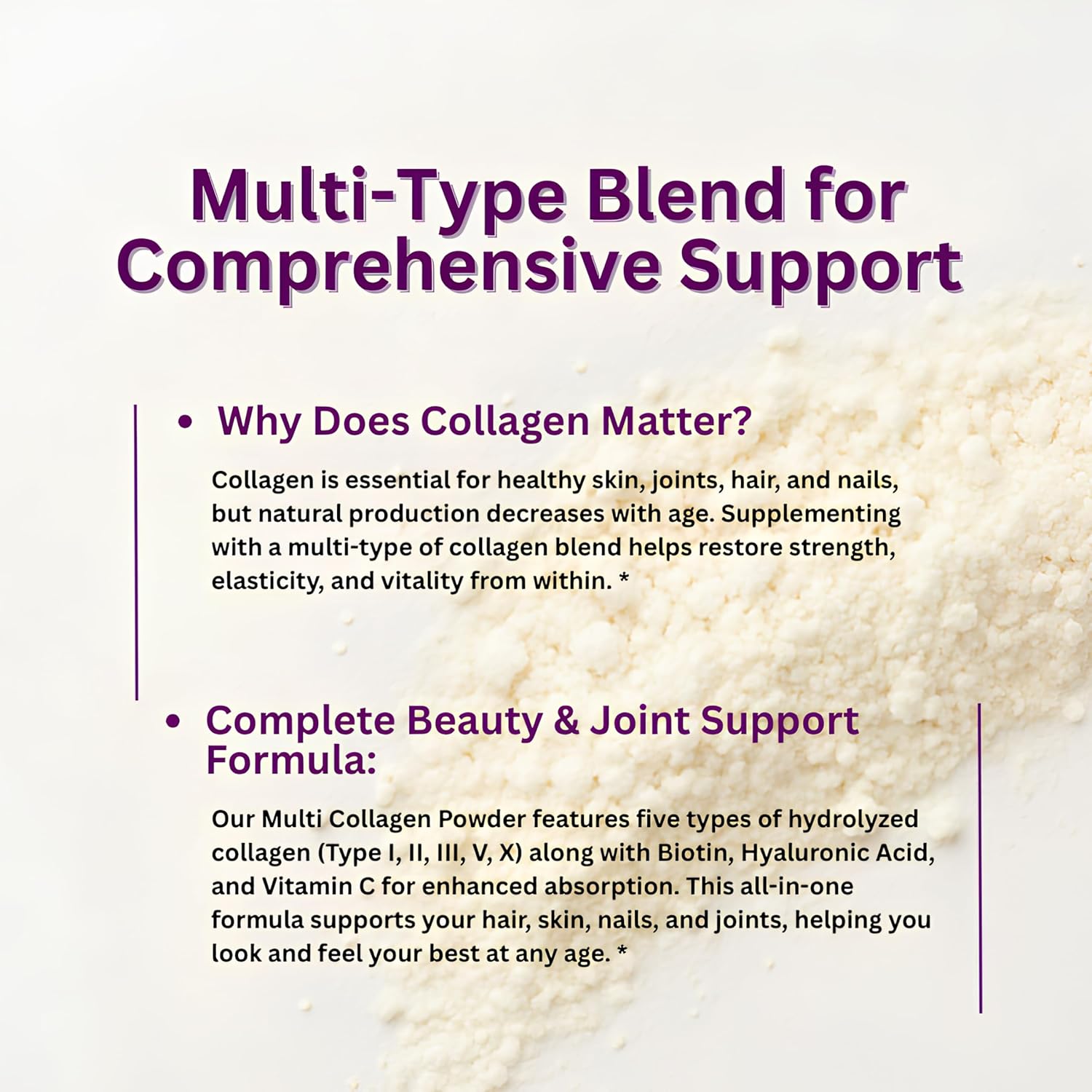 Ingredients Multi Collagen Peptides Powder - Hydrolyzed Protein Peptides (Type I,II,III,V,X) with Hyaluronic Acid, Biotin & Vitamin C Unflavored