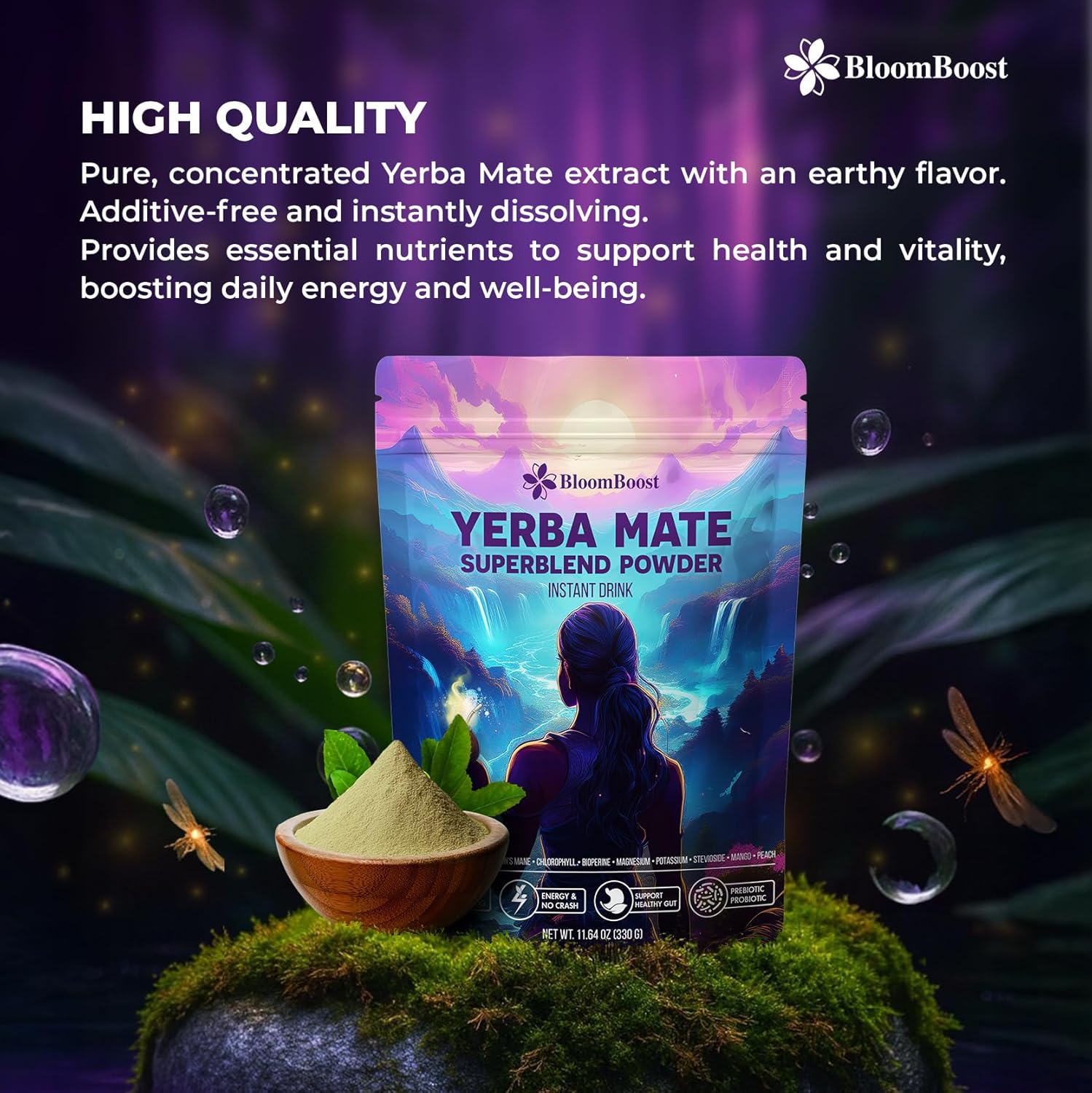 Yerba Mate Instant Tea Powder | Yerba Mate, Ashwagandha, Lion’s Mane, Chlorophyll, Peach Mango Flavor – 11.6 oz (30 Servings) – Sugar-Free, Gluten-Free, Superfood Energy & Focus Blend