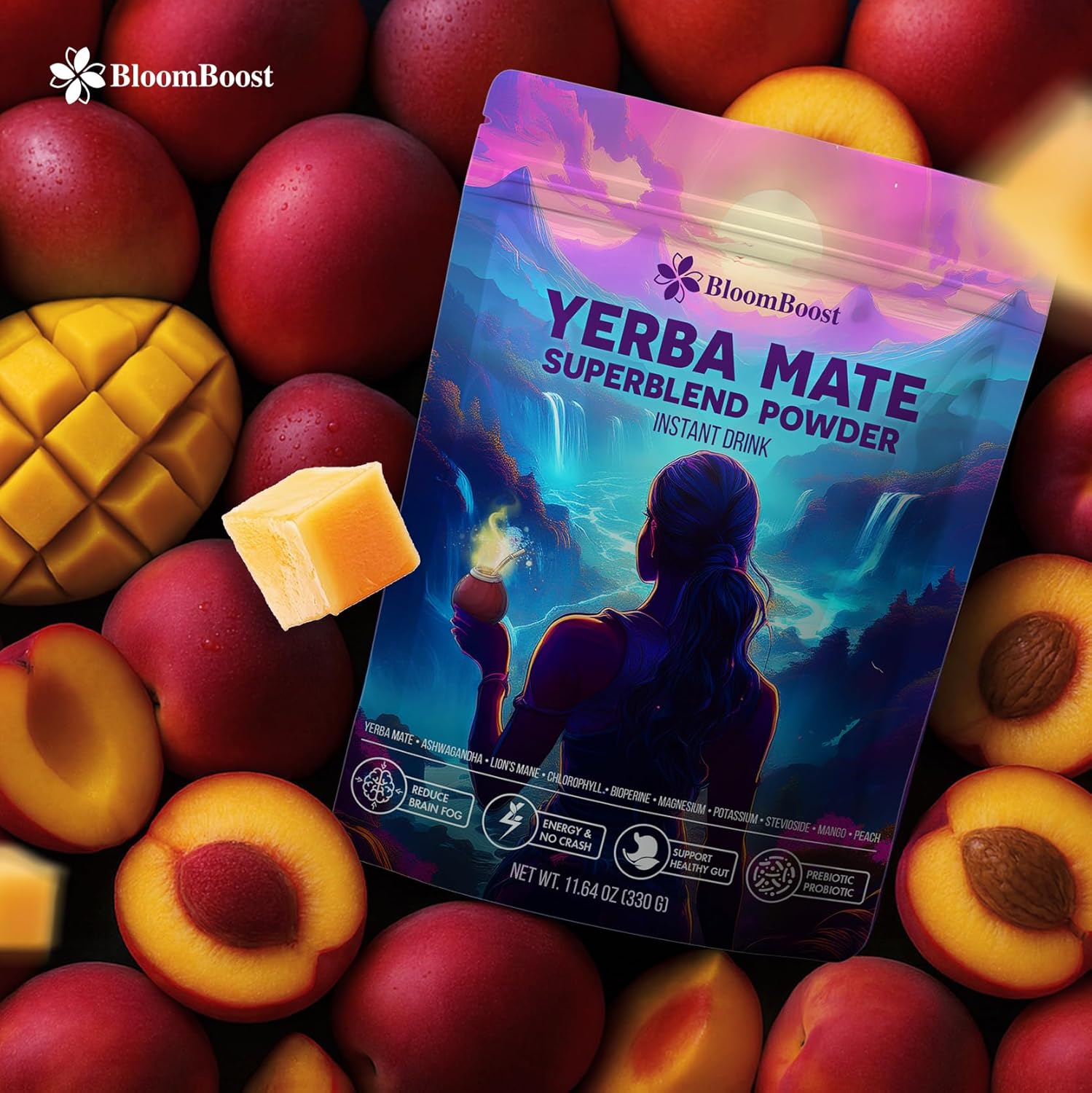 Yerba Mate Instant Tea Powder | Yerba Mate, Ashwagandha, Lion’s Mane, Chlorophyll, Peach Mango Flavor – 11.6 oz (30 Servings) – Sugar-Free, Gluten-Free, Superfood Energy & Focus Blend